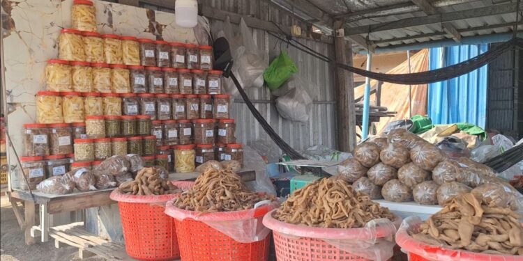 ទិដ្ឋភាពការលក់ឆៃប៉ូវ និងរៀនហាលឆៃប៉ូវតាមដងផ្លូវជាតិលេខ២១ នៅភូមិព្រែកស្នាយ ឃុំព្រែកគយ ខេត្តកណ្ដាល កាលពីថ្ងៃទី ២៤ ខែមេសា ឆ្នាំ ២០២៦។ លោក អ៊ុក ដែន